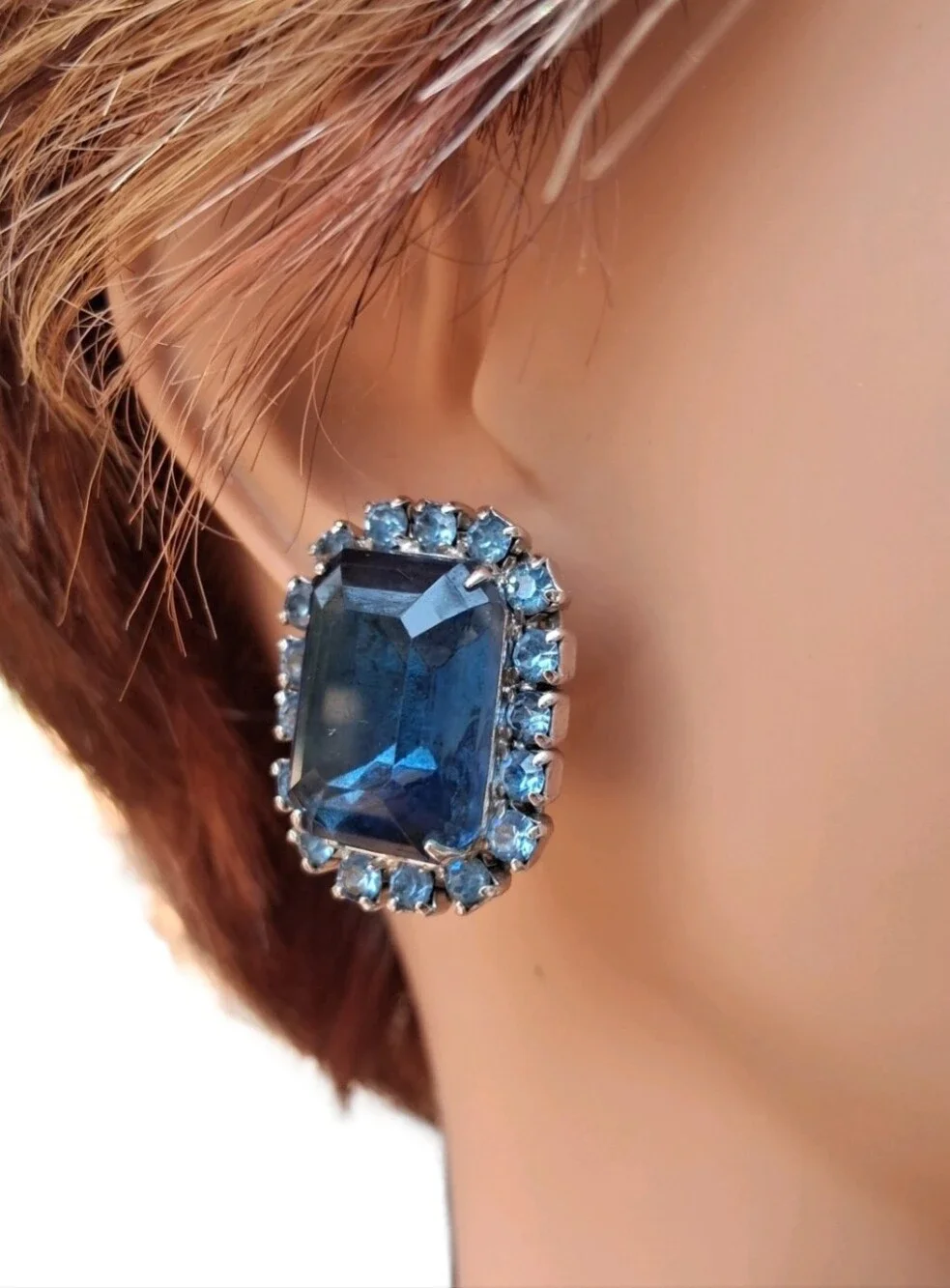 Vintage Blue Emerald Cut Rhinestone Halo Clip On Earrings